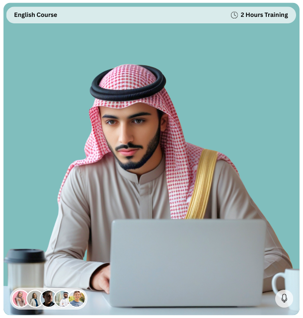 A man in traditional attire, with a keffiyeh, focuses on his laptop in an online English course for a language assessment Jordan. The background is teal, and there's a coffee tumbler beside him