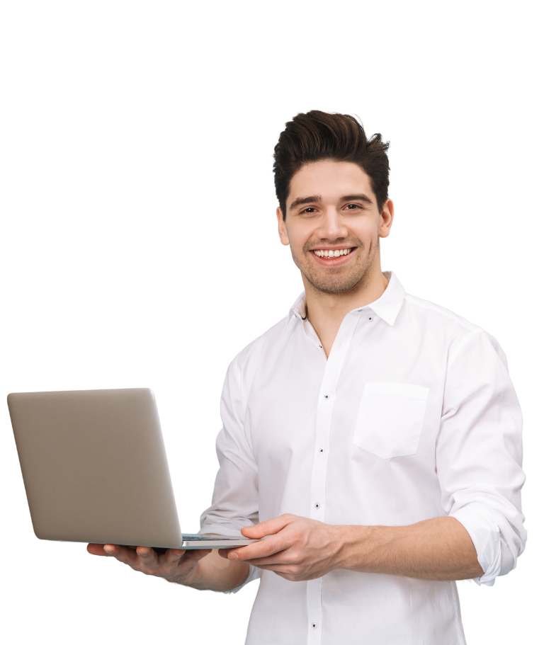 A smiling man in a white shirt holds a laptop with both hands against a solid black background, conveying a confident and positive tone while doing certified language test.