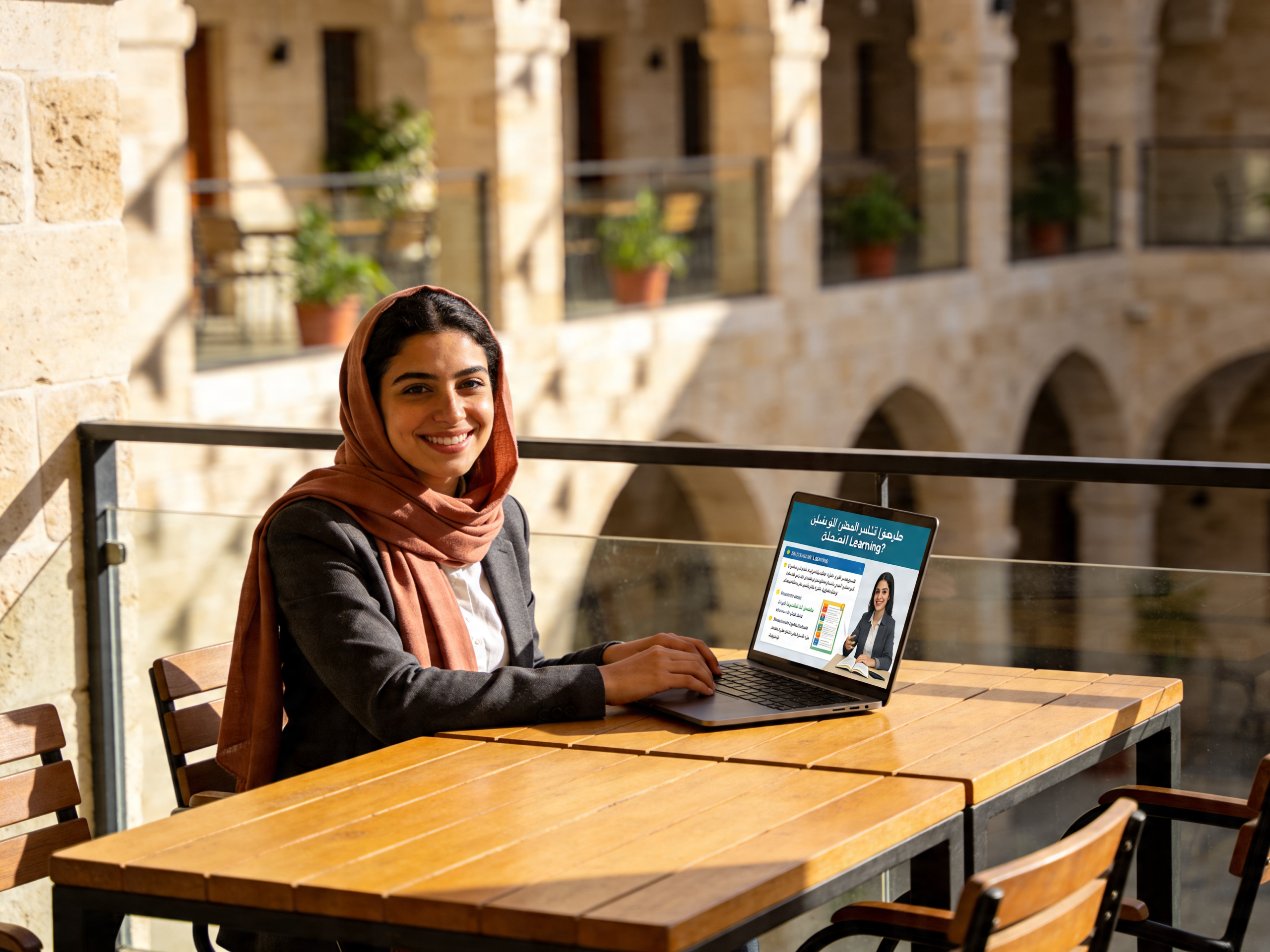 Lady at her laptop studying.