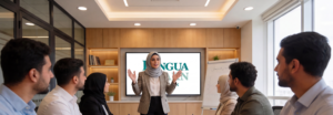 Woman giving Lingua Learn Presentation